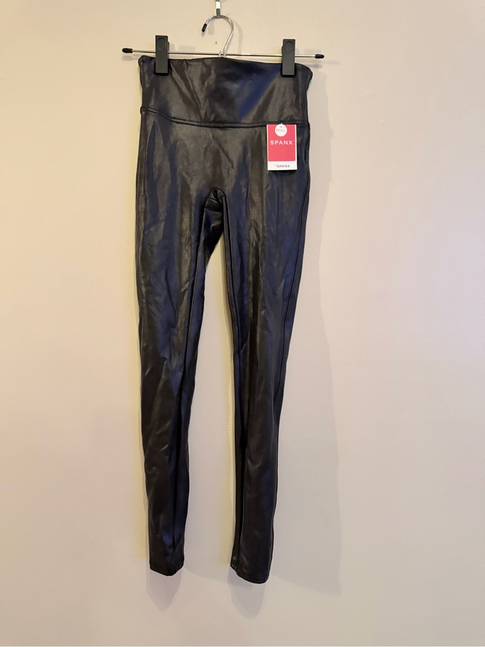 SPANX Black Faux Leather Leggings with Red Tag